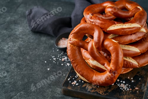Preview: Oktoberfest concept card. Traditional Bavarian pretzels with beer bottle mug on old dark black rusti