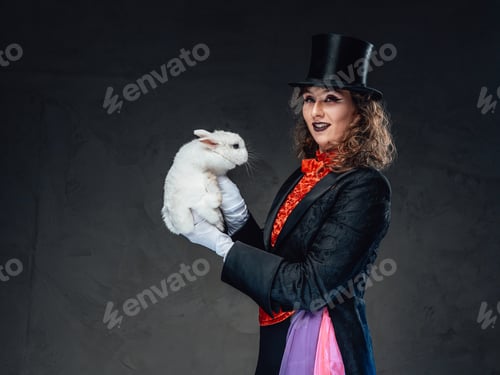 Preview: Cheerful conjurer in retro clothes posing in studio with cute rabbit