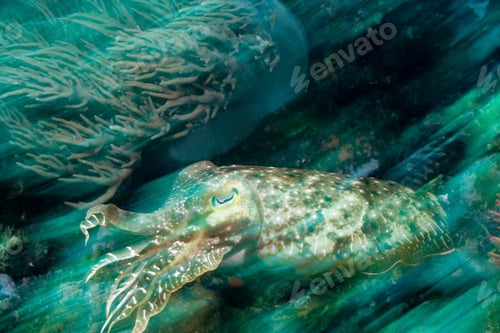 Preview: Cuttlefish camouflaged among sea anemones underwater