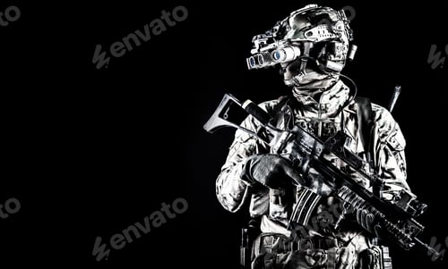 Preview: Soldier in night vision device on black background