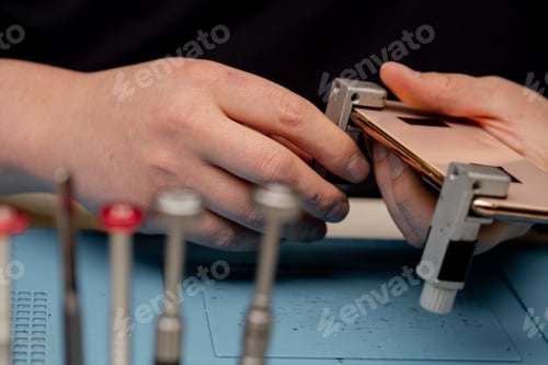 Preview: Workshop for the repair phones and equipment The worker does the service of the smartphone