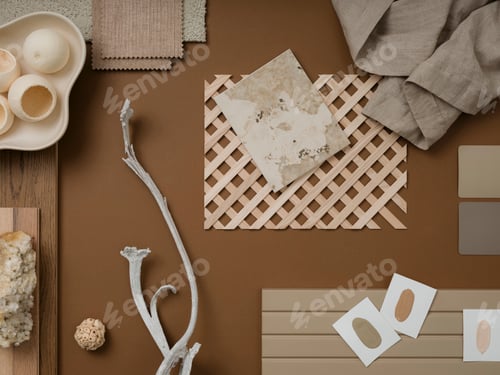 Preview: Elegant flat lay composition in brown and beige color palette with textile and paint samples