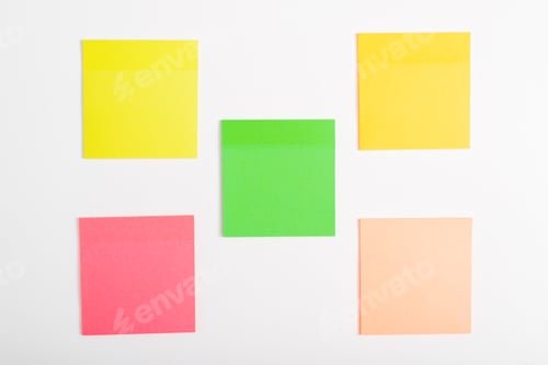 Preview: Five self-adhesive multi-colored stickers reminder mockup on a white surface