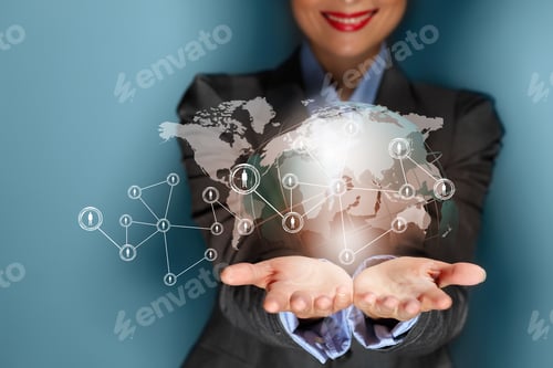 Preview: Close Up Image Of Businesswoman With 3D Images Of Devices In Her Hands
