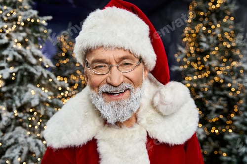 Preview: Joyful Santa Claus spreads cheer among festive trees in a winter wonderland setting