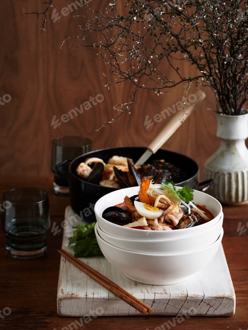 Preview: Bowl of seafood stew with mussels and shrimp on a wooden table.