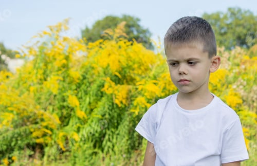 Preview: Pensive Child Outside with Yellow Wildflowers