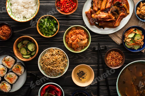 Preview: top view of korean traditional dishes near chopsticks and cotton napkin on wooden surface