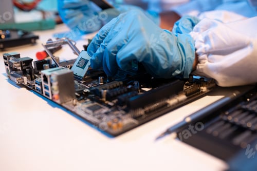 Preview: Technician measuring voltage electronic circuit board, Service after sale fix electric equipment.