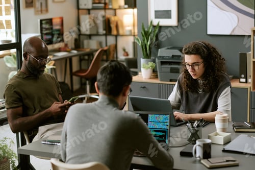 Preview: Young Multiethnic Coworkers Collaborating on Laptops in Modern Office