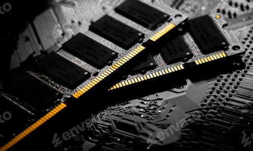 Preview: Closeup shot of a computer RAM chip slot for PC motherboard