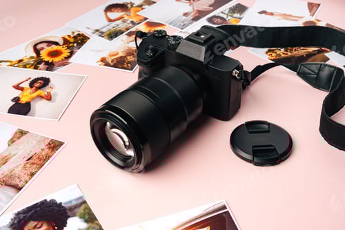 Preview: Modern photo camera with printed colorful photos on pink background