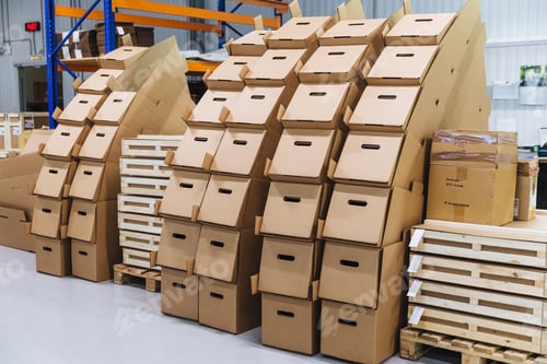 Preview: Many paper boxes against storehouse interior. Cardboard boxed in industry warehouse store