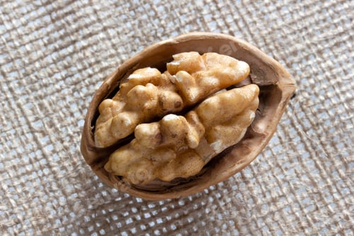 Preview: Fresh walnuts on burlap. Healthy food.