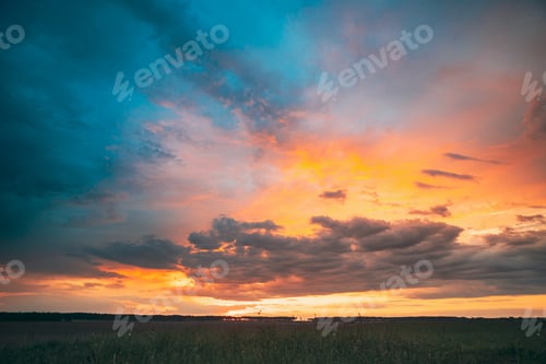 Preview: Spring Summer Meadow At Evening Sunset Sunrise. Natural Bright D