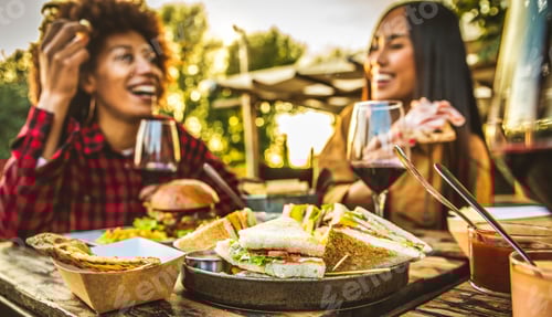 Preview: Happy people having barbeque dinner party in home garden