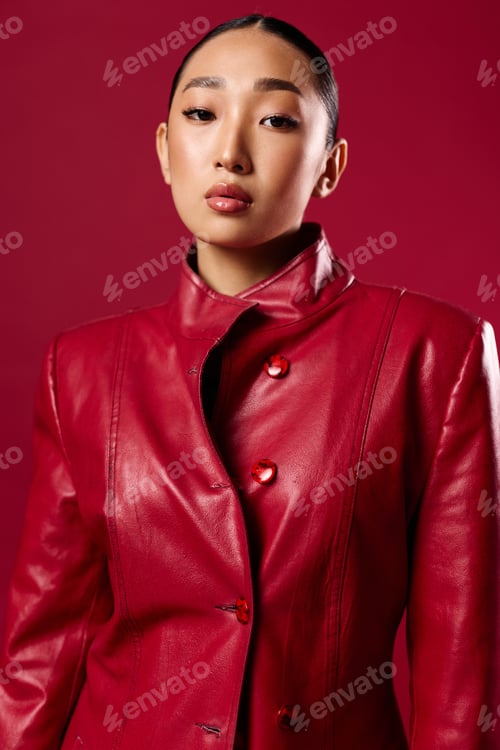 Preview: Fashion asian beauty young woman in red leather jacket, black shirt, posing against a red background