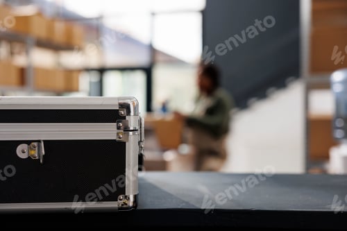 Preview: Selective focus of metallic box standing on counter desk
