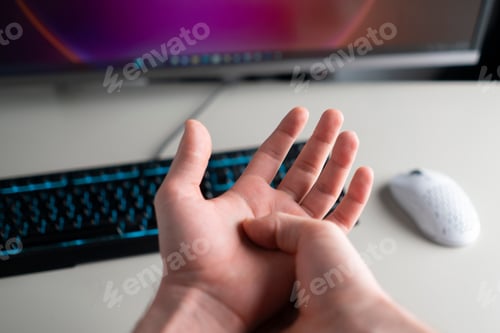 Preview: a tunnel syndrome, person working in office on computer and holding his hand, feeling pain