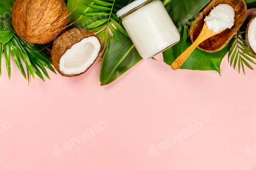 Preview: Coconut oil, tropical leaves and fresh coconuts