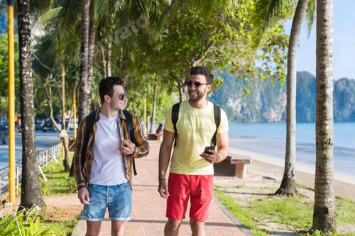 Preview: Two Man Using Cell Smart Phones Tropical Park Couple Chatting Online Holiday Sea Summer Vacation