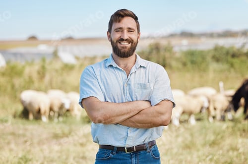 Preview: Man, portrait or arms crossed on livestock agriculture, sustainability environment or nature land i