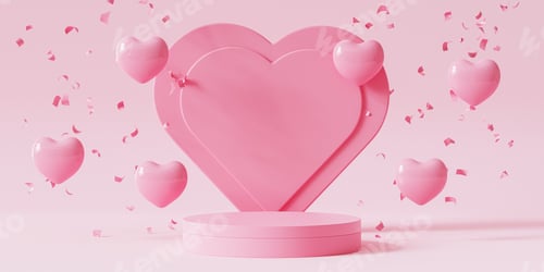 Preview: Valentines day pink podium or pedestal for products or advertising with heart shaped balloons