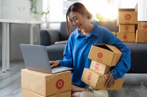 Preview: Attractive Asian woman online working in office desk use laptop computer, online marketing