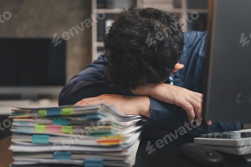 Preview: Startup company employees work overtime and work hard causing stress and fatigue from work, office s