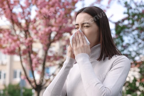 Preview: Woman with napkin suffering from seasonal allergy on spring day