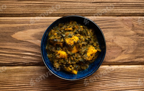 Preview: Indian Palak paneer on wooden rustic background. Traditional Indian dish with cheese paneer