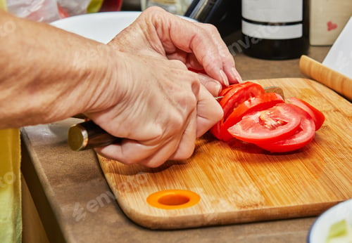 Preview: Woman cuts tomatoes for cooking at home using recipe from the Internet