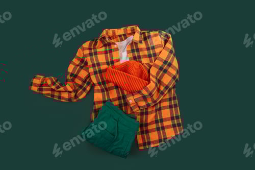 Preview: Children's clothing set with a plaid shirt, an orange hat and green pants on a green background