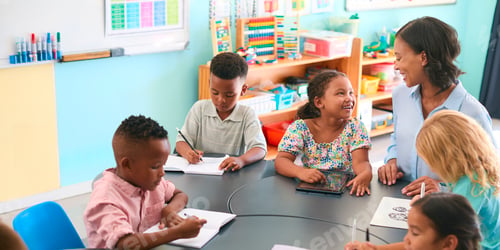 Preview: Female Primary Or Elementary School Teacher Helping Students With Digital Tablet At Table In Class
