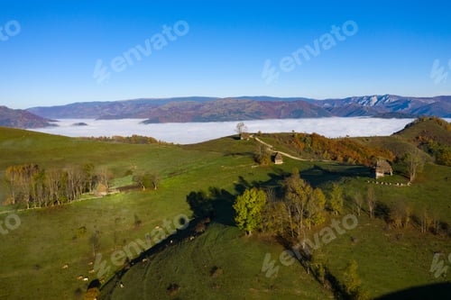 Preview: Mountain Countryside Homestead in the Autumn. Wooden Barns, Aerial Drone View