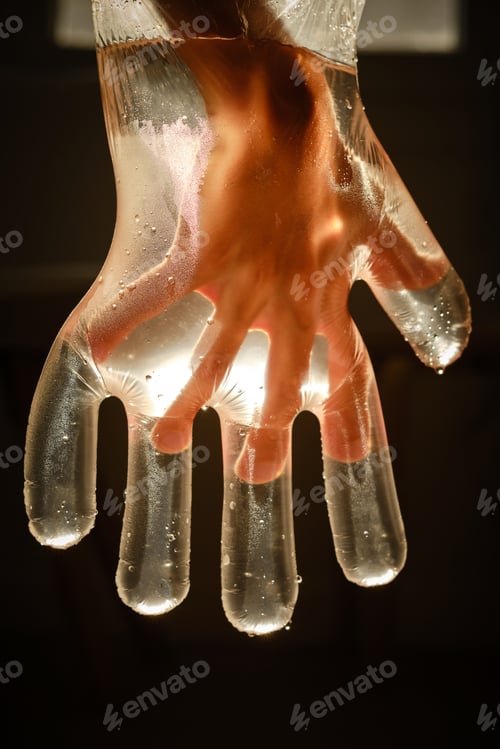 Preview: Faceless child in disposable glove with shiny water