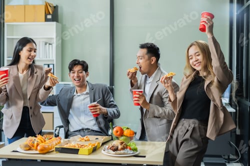 Preview: celebration successful deal with champagne and pizza in the workplace.