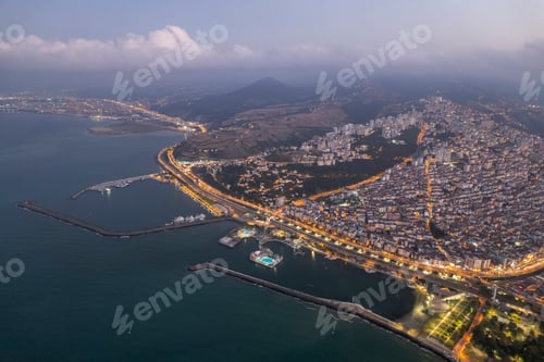 Preview: Aerial city center and port at night. Samsun, Turkey