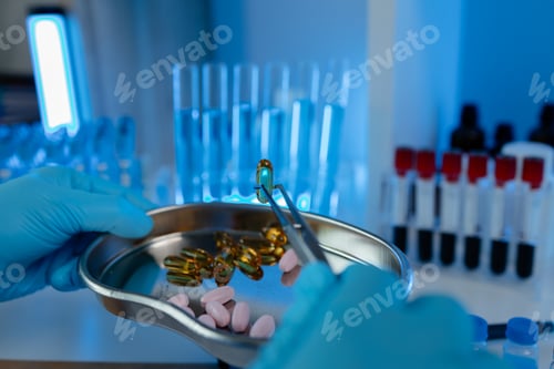 Preview: a scientist is testing various pills in order to improve their quality an effectiveness in the labor