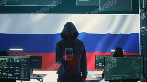 Preview: Hooded figure holding a skull in office space