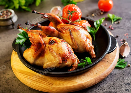 Preview: Baked quails in pan on a dark background
