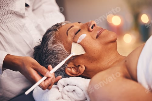 Preview: Facial, relax and senior woman at a spa for a wellness, health and skin treatment at a resort. Peac
