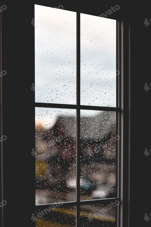 Preview: Dark window frame with rain water drops