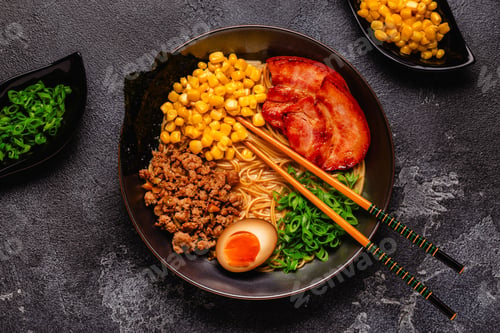Preview: A bowl of ramen with noodles, meat and green onions.