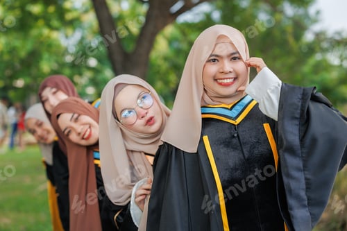 Preview: Group of Asian Muslim women Happy congratulation university outdoors