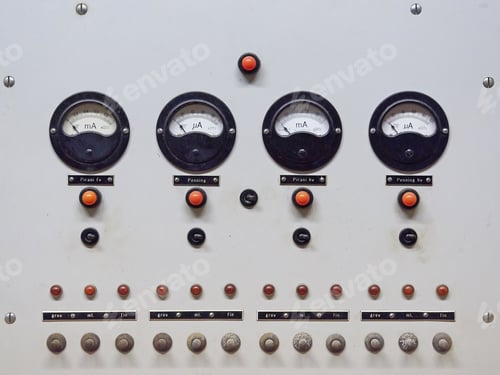 Preview: Old Electrical Control Panel with Gauges and Knobs