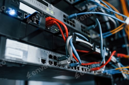 Preview: Close up view of internet equipment and cables in the server room