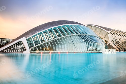 Preview: The city of the Arts and Sciences, Ciudad de las Artes y las Ciencias at sunset in Valencia, Spain.