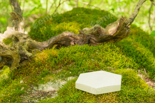 Preview: Product display podium on mossy ground in a natural forest setting during daytime