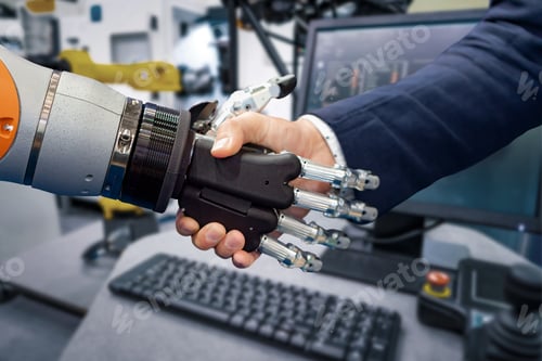 Preview: Hand of a businessman shaking hands with a Android robot.